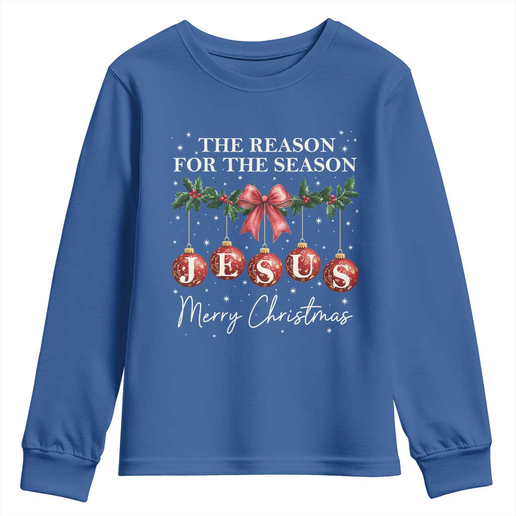 Christian Christmas Youth Sweatshirt Merry Xmas Jesus The Reason Coquette Bow TS10 Royal Blue Print Your Wear