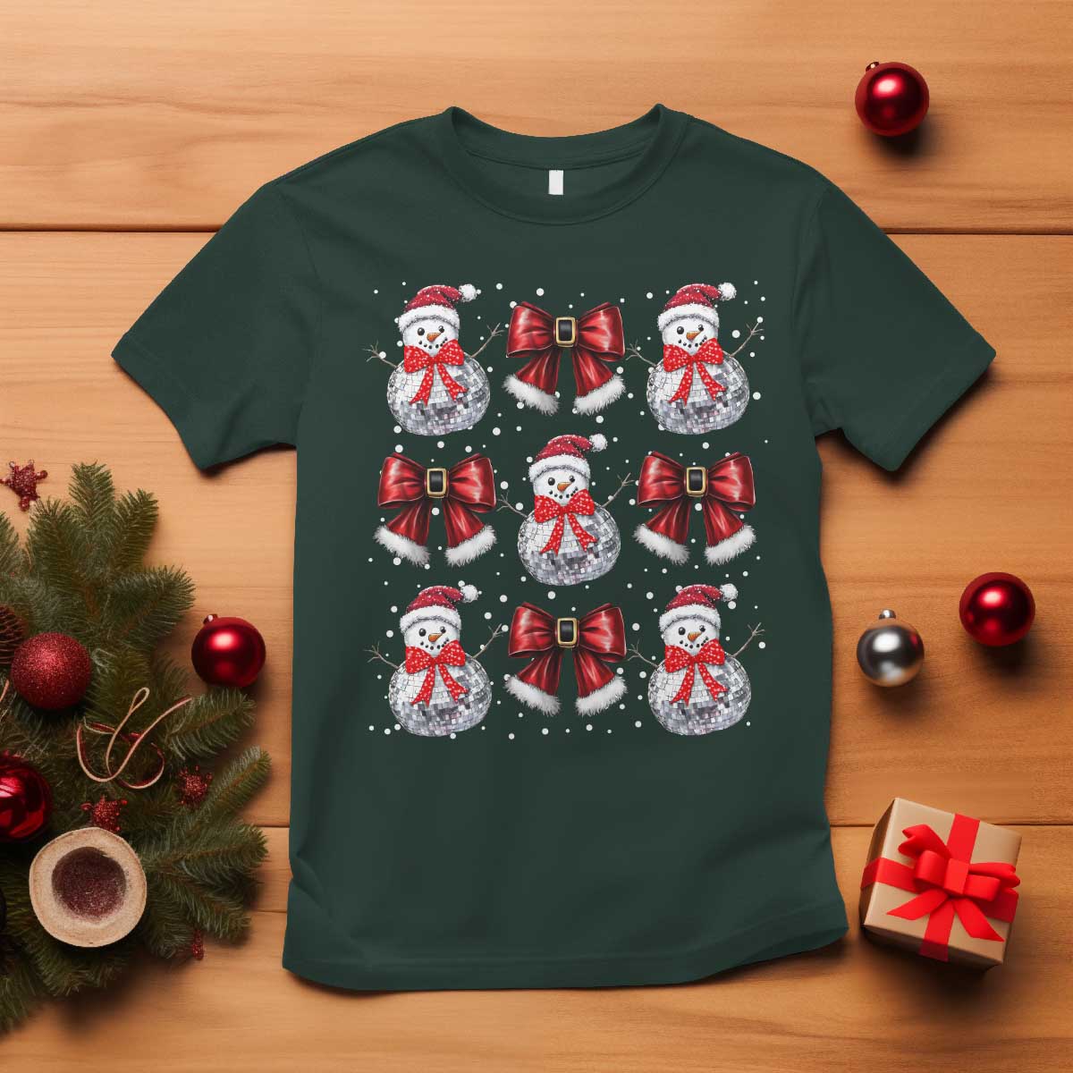 Christmas Coquette T Shirt Girly Xmas Disco Snowman Bow TS10 Dark Forest Green Print Your Wear
