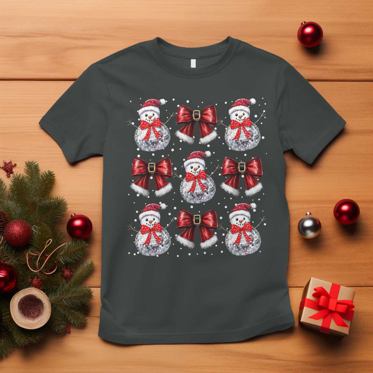 Christmas Coquette T Shirt Girly Xmas Disco Snowman Bow TS10 Dark Heather Print Your Wear