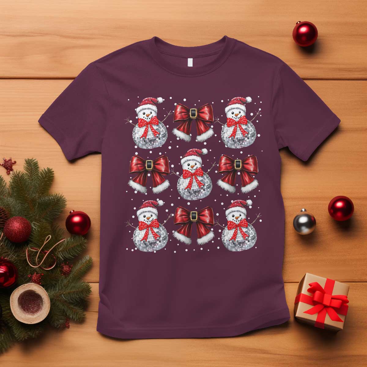 Christmas Coquette T Shirt Girly Xmas Disco Snowman Bow TS10 Maroon Print Your Wear