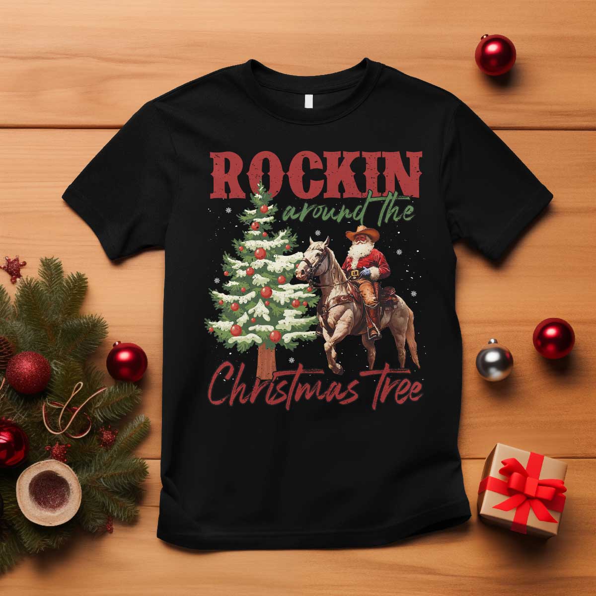 Western Christmas T Shirt Vintage 90s Cowboy Santa Claus Xmas Tree TS10 Black Print Your Wear