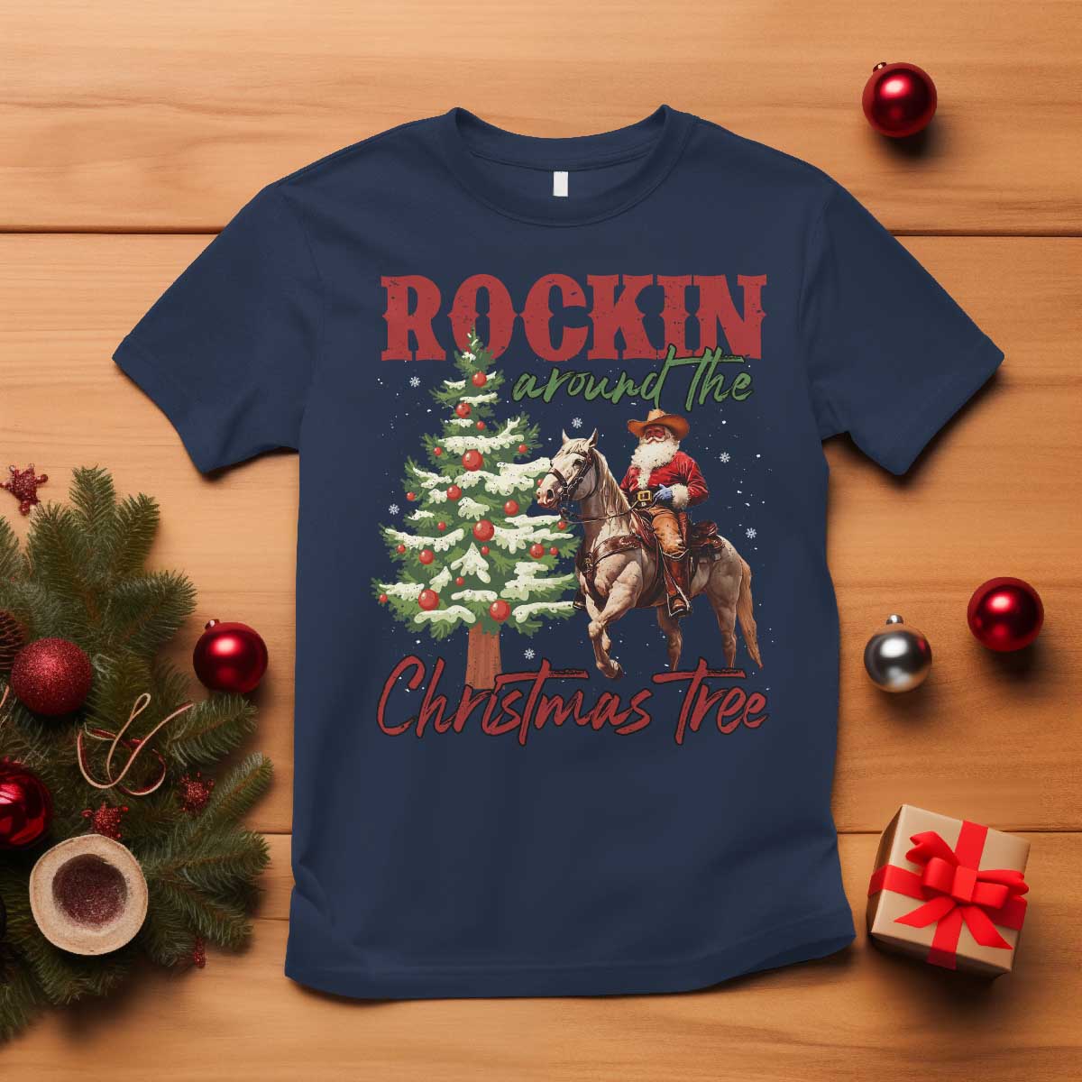 Western Christmas T Shirt Vintage 90s Cowboy Santa Claus Xmas Tree TS10 Navy Print Your Wear
