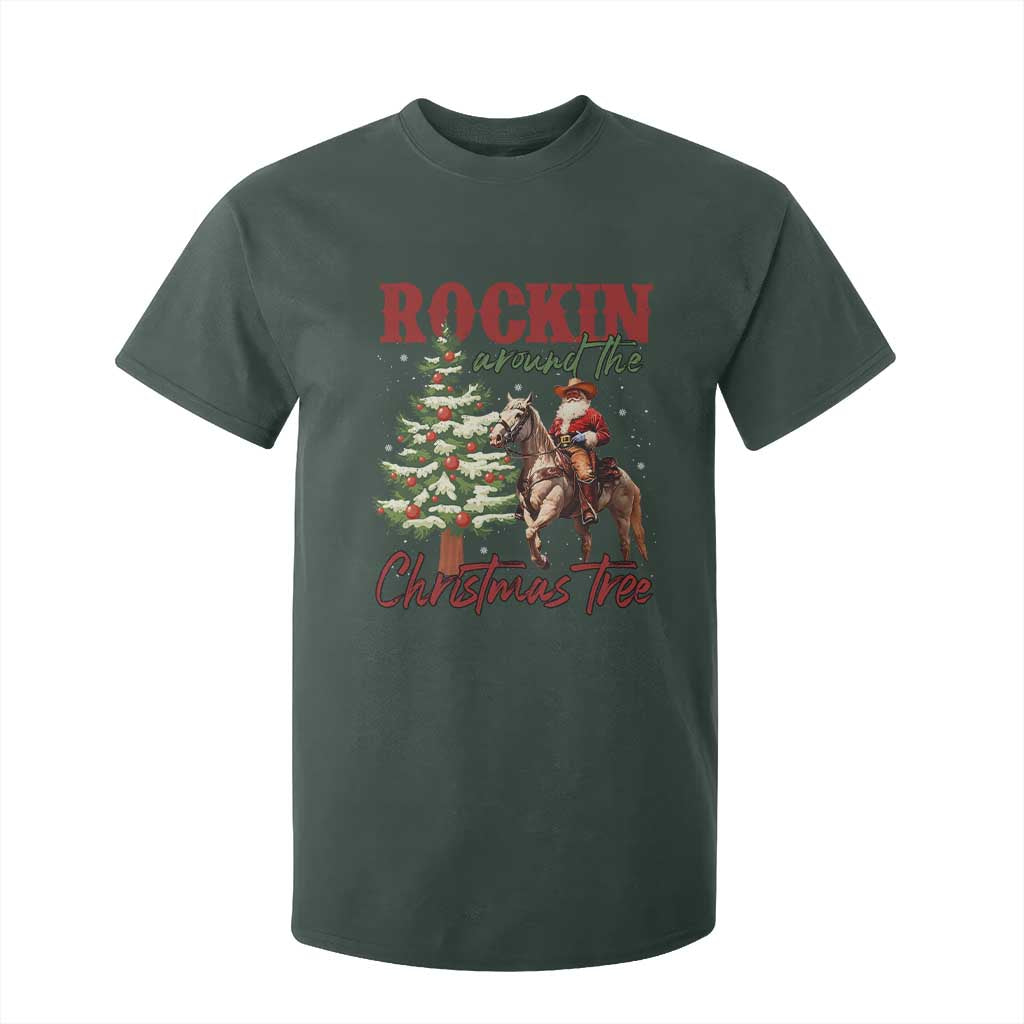 Western Christmas T Shirt For Kid Vintage 90s Cowboy Santa Claus Xmas Tree TS10 Dark Forest Green Print Your Wear