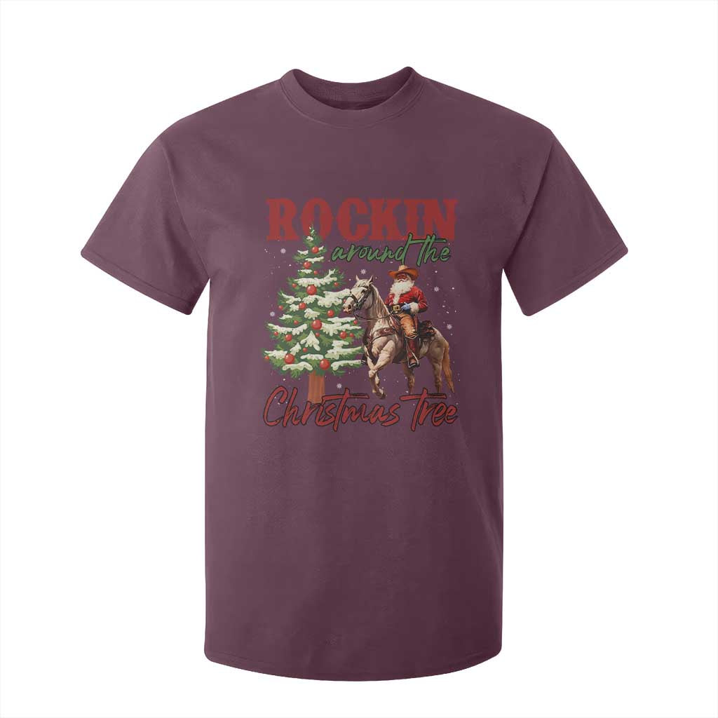 Western Christmas T Shirt For Kid Vintage 90s Cowboy Santa Claus Xmas Tree TS10 Maroon Print Your Wear