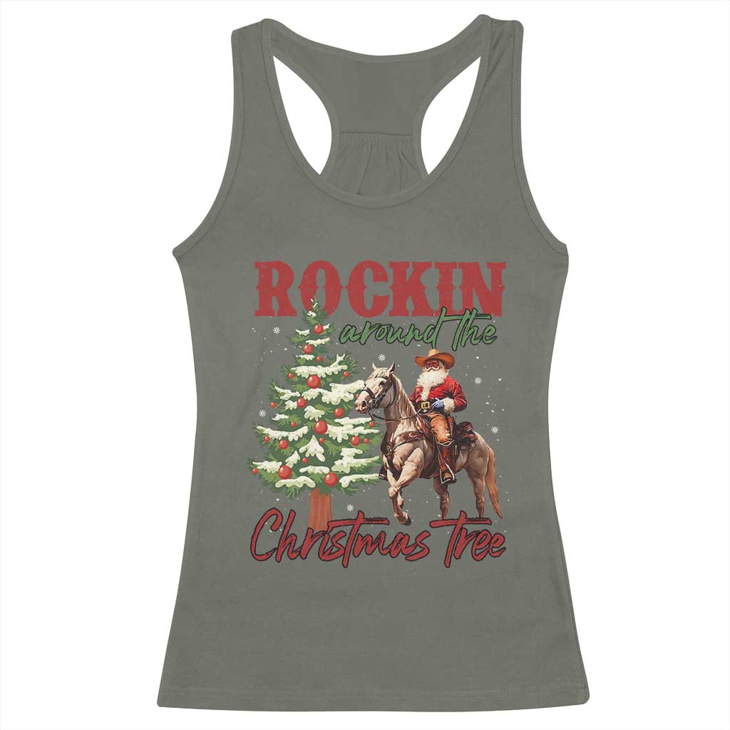 Western Christmas Racerback Tank Top Vintage 90s Cowboy Santa Claus Xmas Tree TS10 Military Green Print Your Wear
