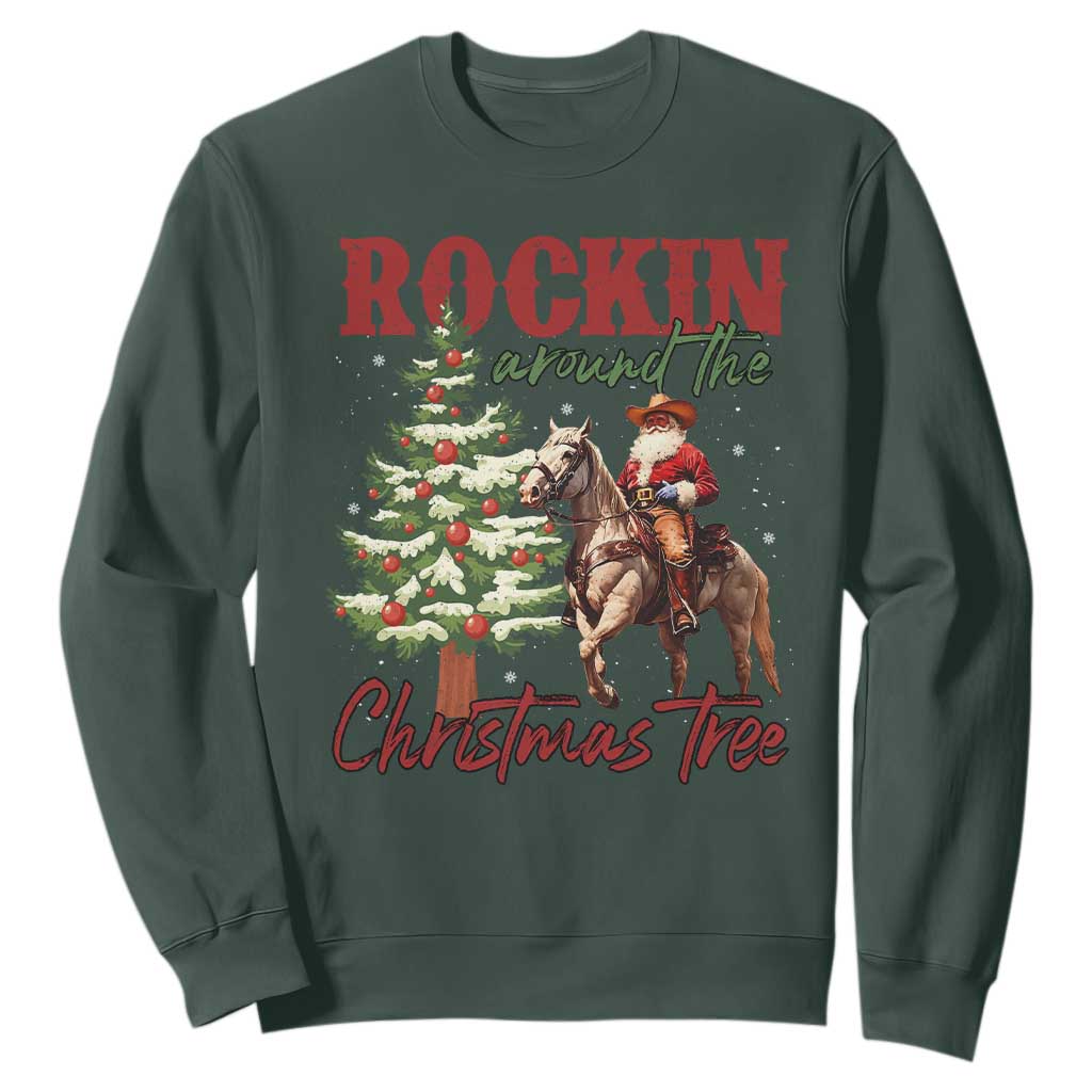 Western Christmas Sweatshirt Vintage 90s Cowboy Santa Claus Xmas Tree TS10 Dark Forest Green Print Your Wear