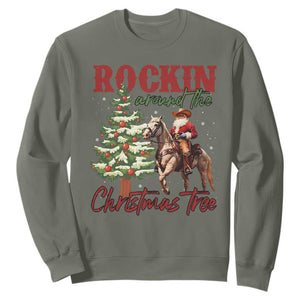 Western Christmas Sweatshirt Vintage 90s Cowboy Santa Claus Xmas Tree TS10 Military Green Print Your Wear