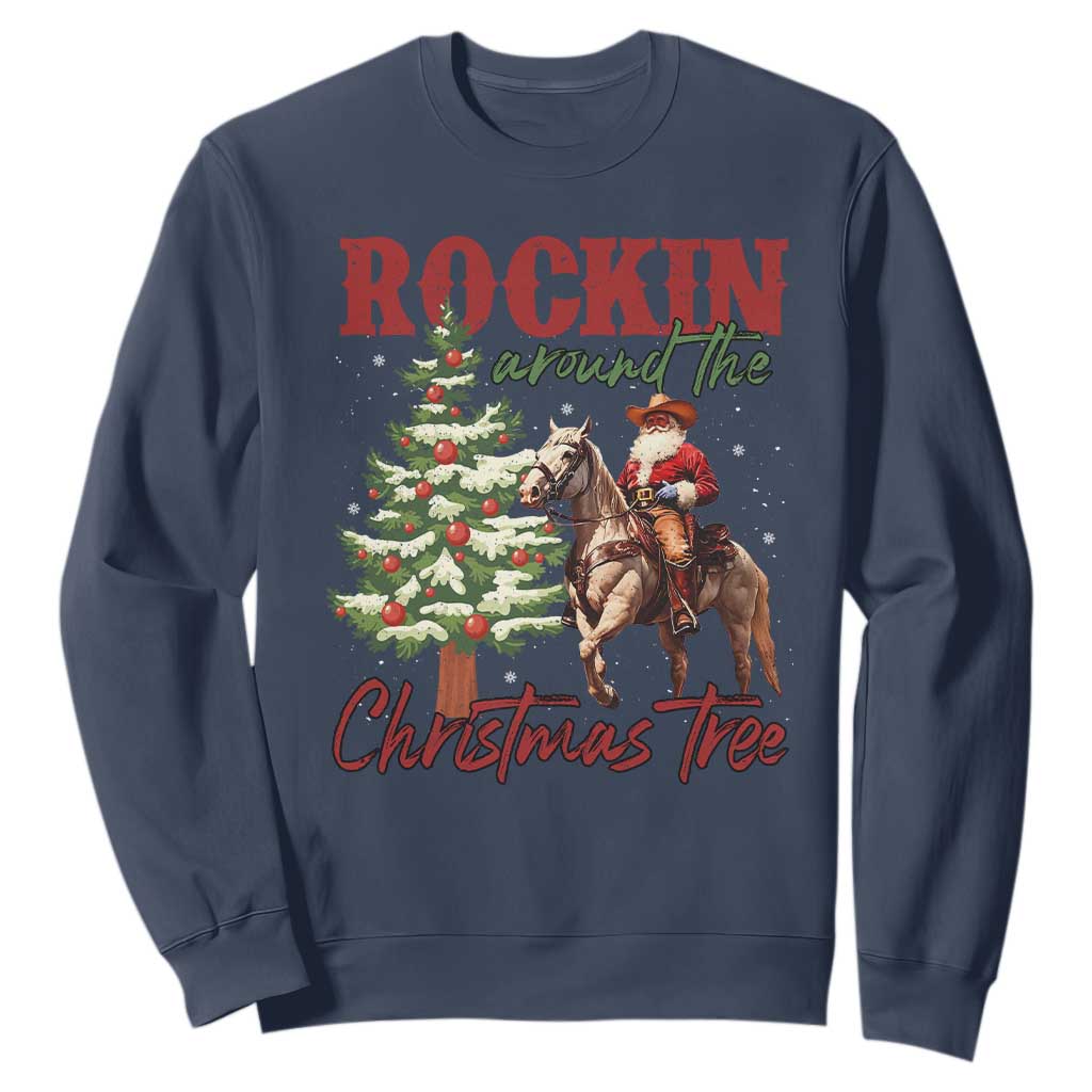 Western Christmas Sweatshirt Vintage 90s Cowboy Santa Claus Xmas Tree TS10 Navy Print Your Wear