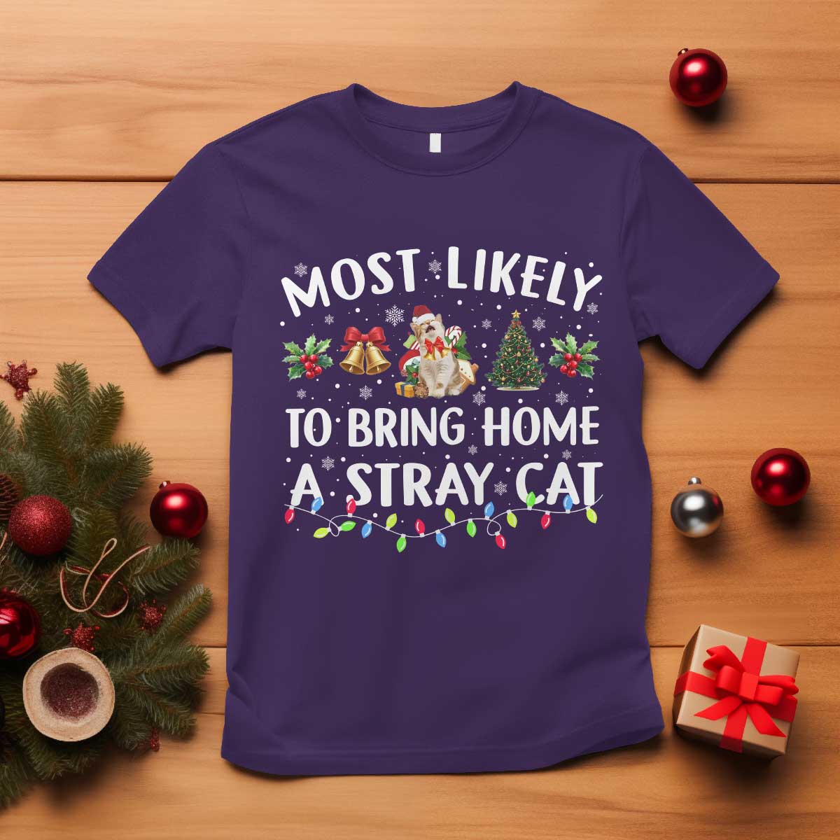 Christmas Cat T Shirt Most Likely To Bring Home A Stray Cat Matching Xmas TS10 Purple Print Your Wear