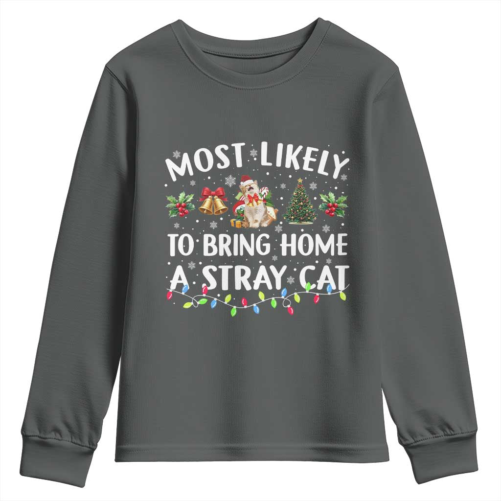 Christmas Cat Youth Sweatshirt Most Likely To Bring Home A Stray Cat Matching Xmas TS10 Dark Heather Print Your Wear
