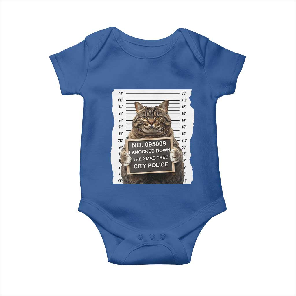 Funny Cat Christmas Baby Onesie Mugshot I Knocked Down The Xmas Tree TS10 Royal Blue Print Your Wear