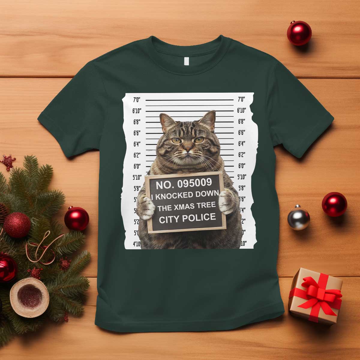 Funny Cat Christmas T Shirt Mugshot I Knocked Down The Xmas Tree TS10 Dark Forest Green Print Your Wear