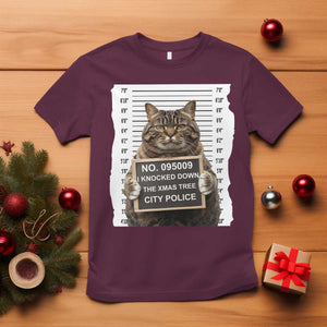 Funny Cat Christmas T Shirt Mugshot I Knocked Down The Xmas Tree TS10 Maroon Print Your Wear
