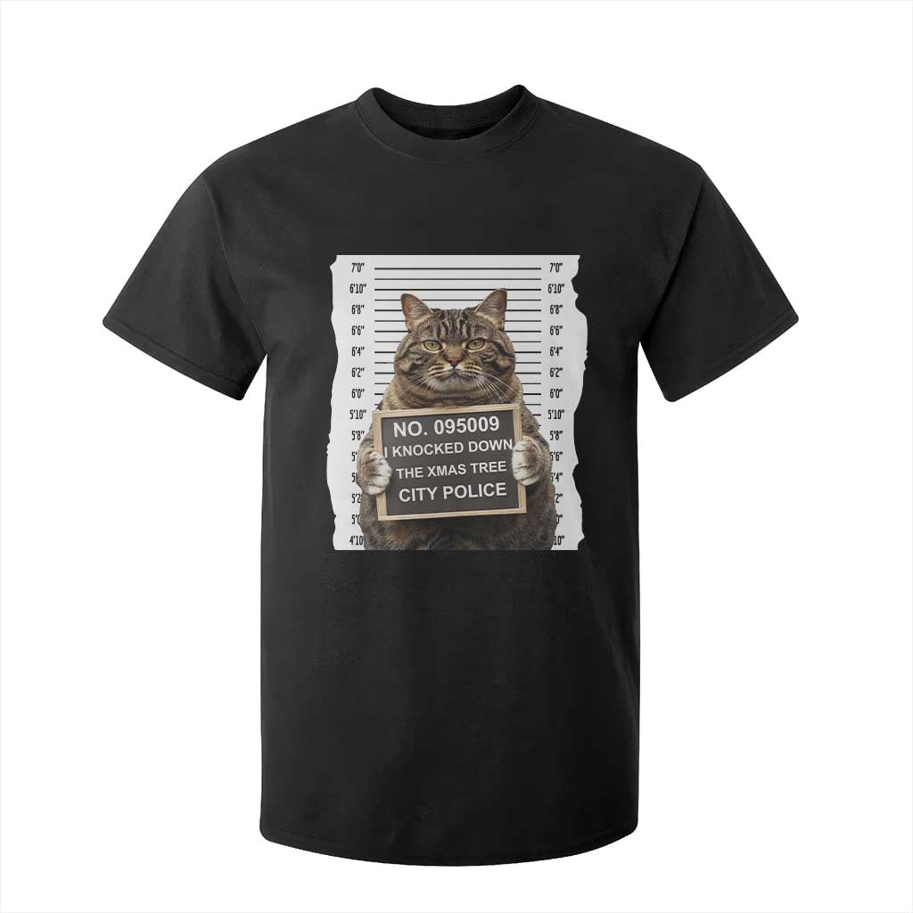 Funny Cat Christmas T Shirt For Kid Mugshot I Knocked Down The Xmas Tree TS10 Black Print Your Wear