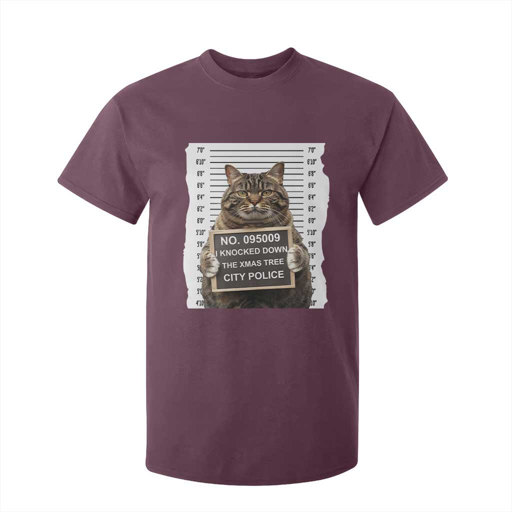Funny Cat Christmas T Shirt For Kid Mugshot I Knocked Down The Xmas Tree TS10 Maroon Print Your Wear