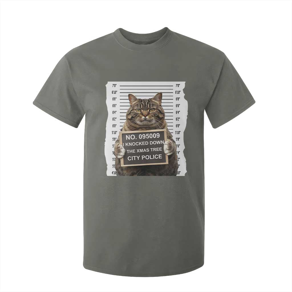 Funny Cat Christmas T Shirt For Kid Mugshot I Knocked Down The Xmas Tree TS10 Military Green Print Your Wear