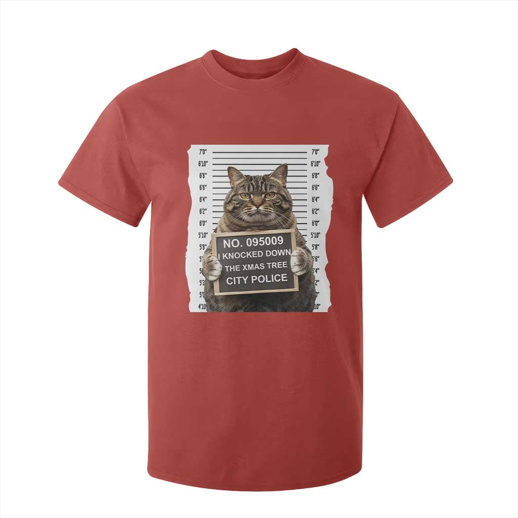 Funny Cat Christmas T Shirt For Kid Mugshot I Knocked Down The Xmas Tree TS10 Red Print Your Wear