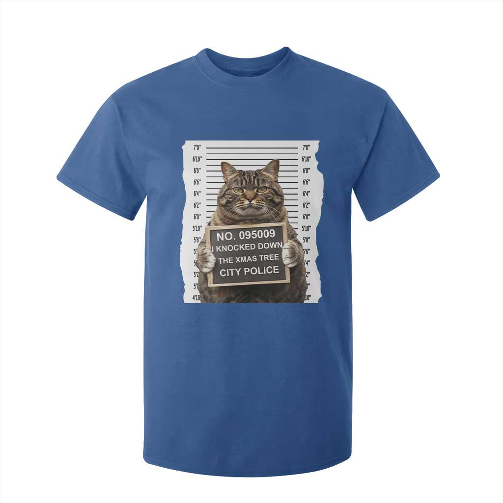 Funny Cat Christmas T Shirt For Kid Mugshot I Knocked Down The Xmas Tree TS10 Royal Blue Print Your Wear