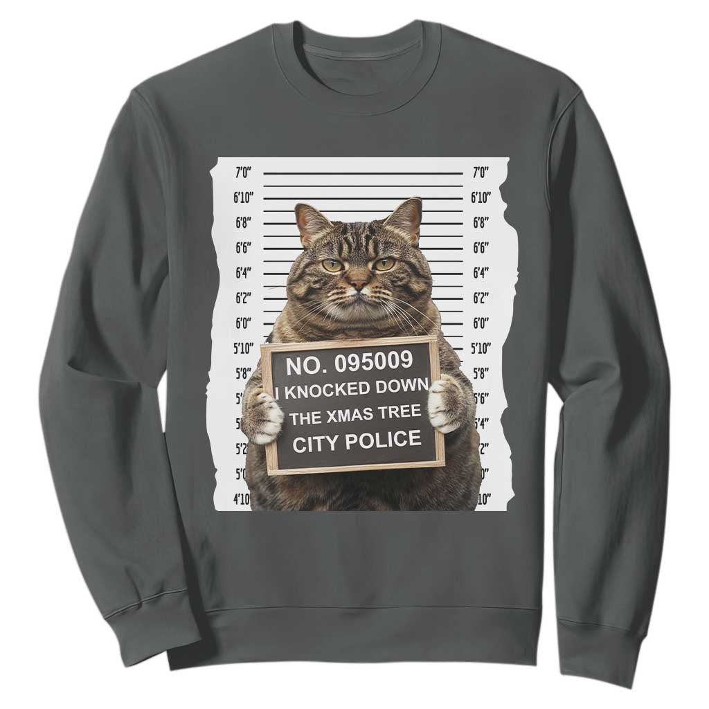 Funny Cat Christmas Sweatshirt Mugshot I Knocked Down The Xmas Tree TS10 Dark Heather Print Your Wear