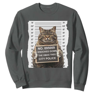 Funny Cat Christmas Sweatshirt Mugshot I Knocked Down The Xmas Tree TS10 Dark Heather Print Your Wear