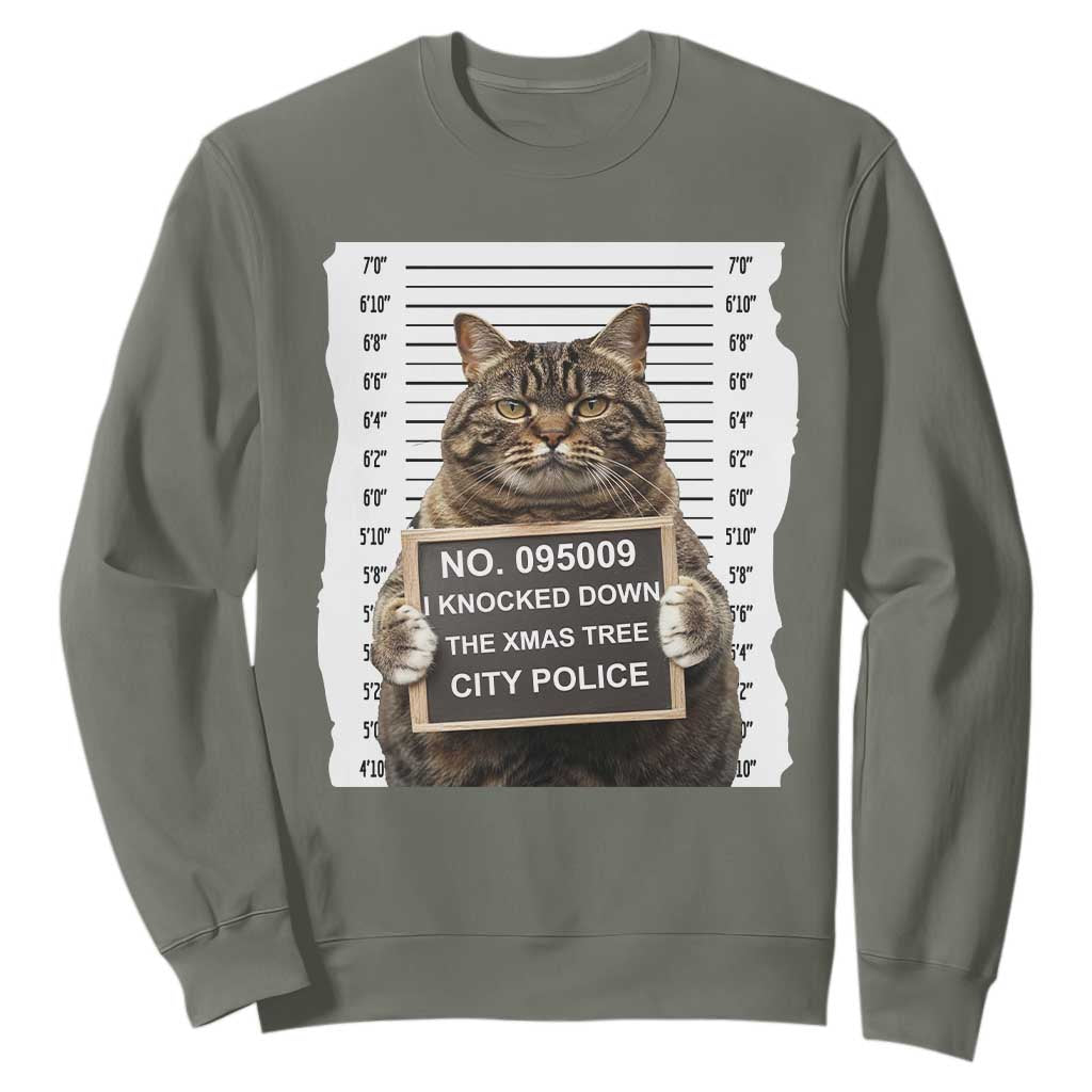 Funny Cat Christmas Sweatshirt Mugshot I Knocked Down The Xmas Tree TS10 Military Green Print Your Wear