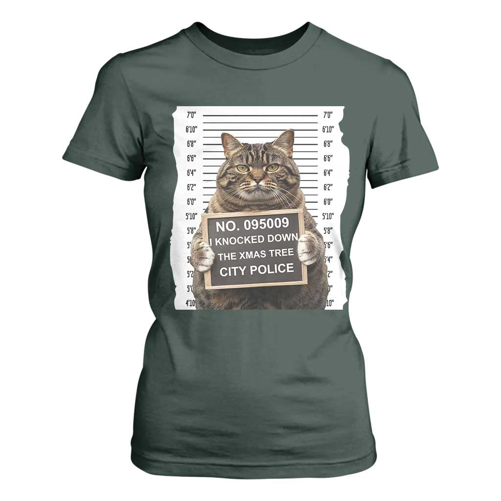 Funny Cat Christmas T Shirt For Women Mugshot I Knocked Down The Xmas Tree TS10 Dark Forest Green Print Your Wear