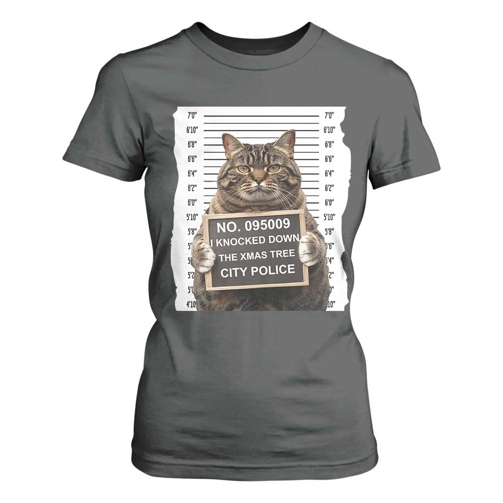 Funny Cat Christmas T Shirt For Women Mugshot I Knocked Down The Xmas Tree TS10 Dark Heather Print Your Wear