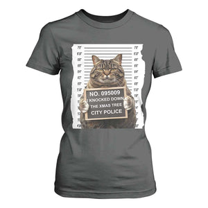 Funny Cat Christmas T Shirt For Women Mugshot I Knocked Down The Xmas Tree TS10 Dark Heather Print Your Wear