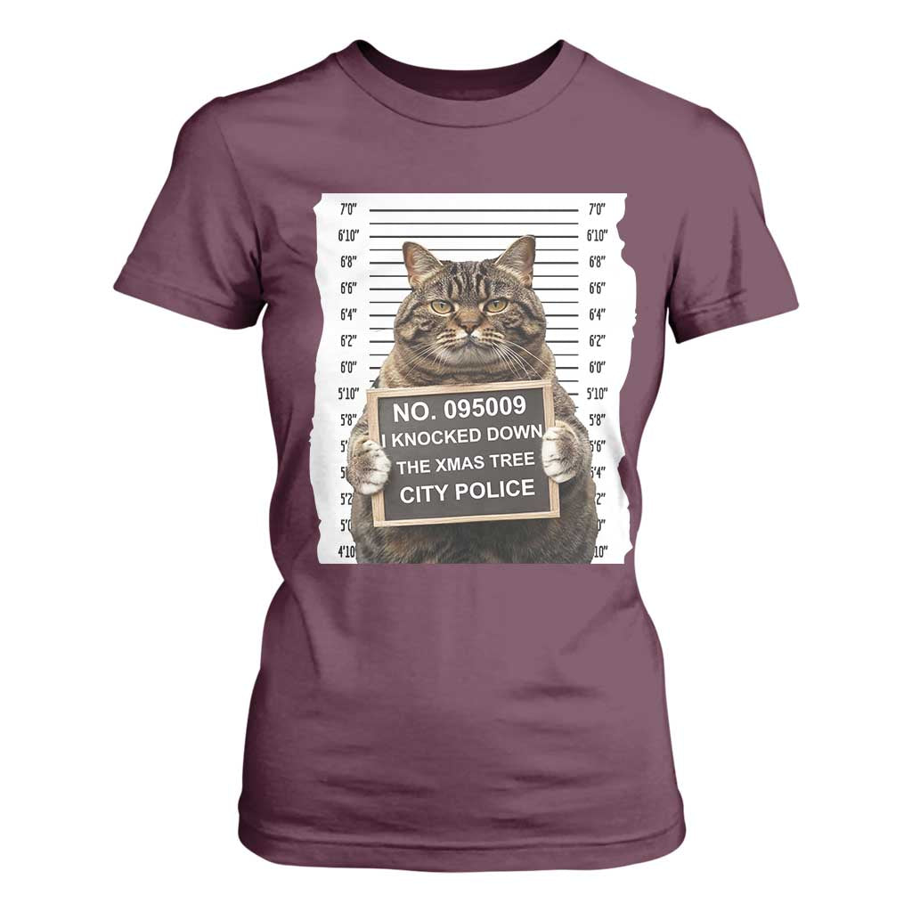 Funny Cat Christmas T Shirt For Women Mugshot I Knocked Down The Xmas Tree TS10 Maroon Print Your Wear