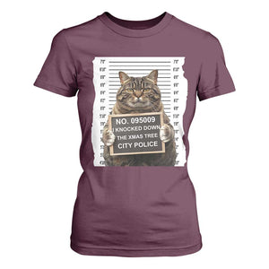 Funny Cat Christmas T Shirt For Women Mugshot I Knocked Down The Xmas Tree TS10 Maroon Print Your Wear