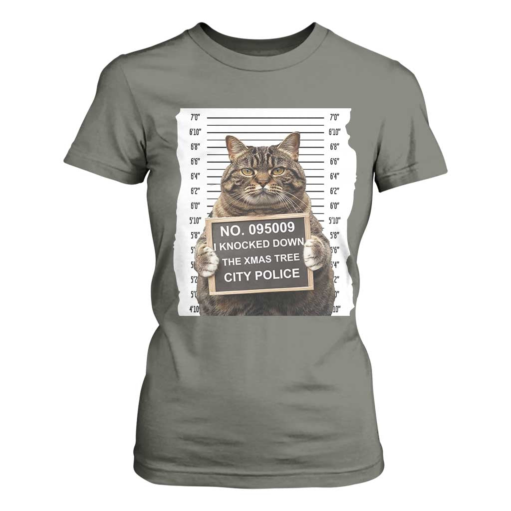 Funny Cat Christmas T Shirt For Women Mugshot I Knocked Down The Xmas Tree TS10 Military Green Print Your Wear