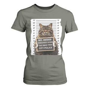 Funny Cat Christmas T Shirt For Women Mugshot I Knocked Down The Xmas Tree TS10 Military Green Print Your Wear
