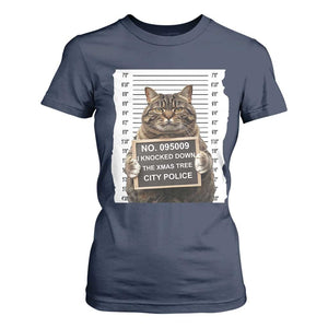 Funny Cat Christmas T Shirt For Women Mugshot I Knocked Down The Xmas Tree TS10 Navy Print Your Wear