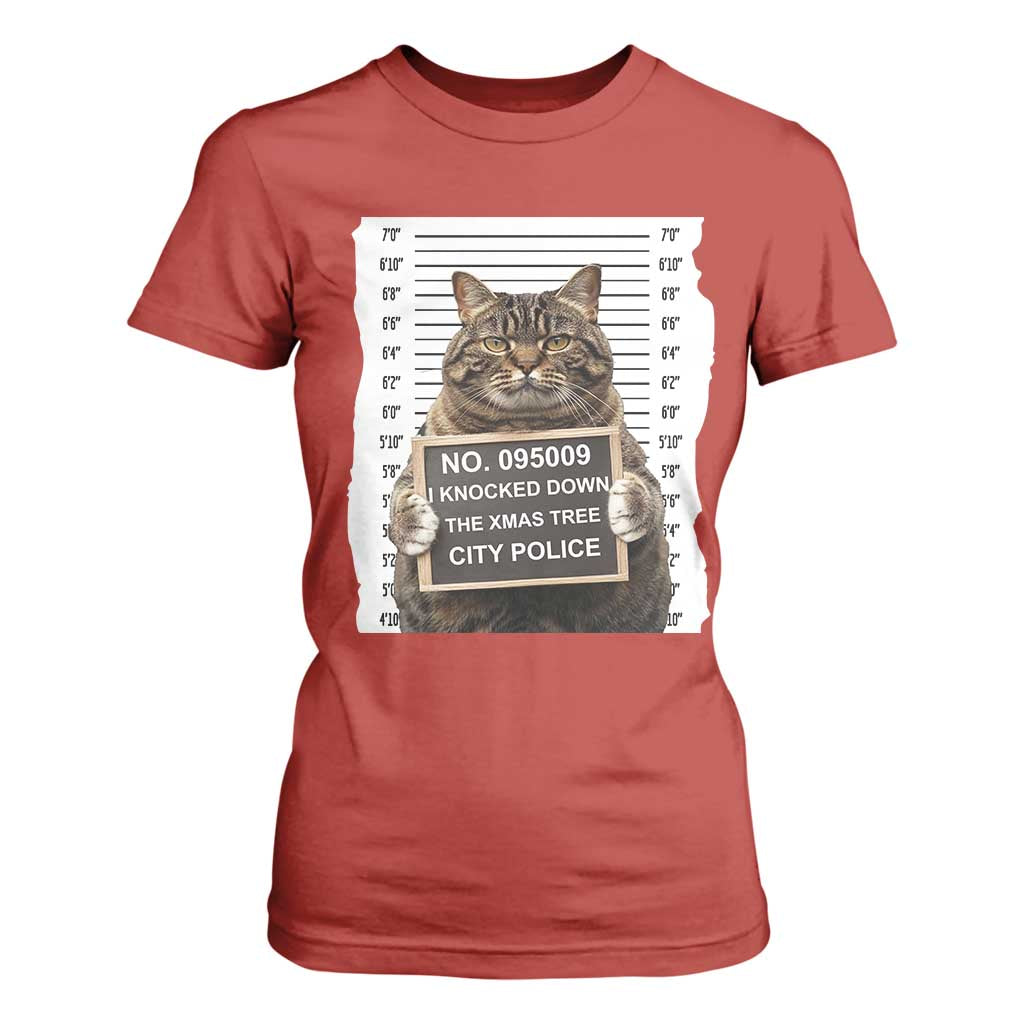 Funny Cat Christmas T Shirt For Women Mugshot I Knocked Down The Xmas Tree TS10 Red Print Your Wear