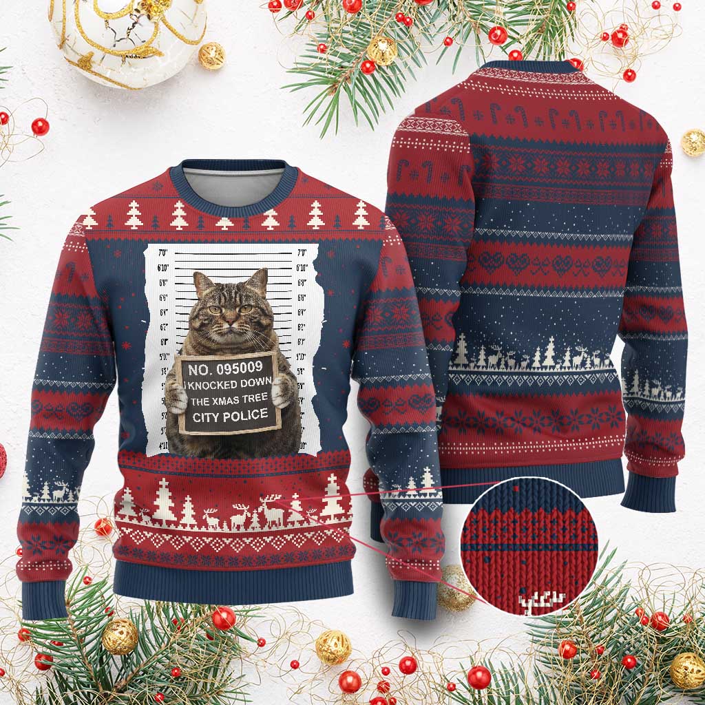 Funny Cat Ugly Christmas Sweater Mugshot I Knocked Down The Xmas Tree TS10 Burgundy Print Your Wear