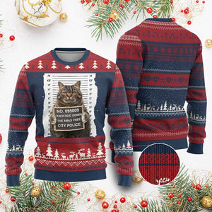Funny Cat Ugly Christmas Sweater Mugshot I Knocked Down The Xmas Tree TS10 Burgundy Print Your Wear