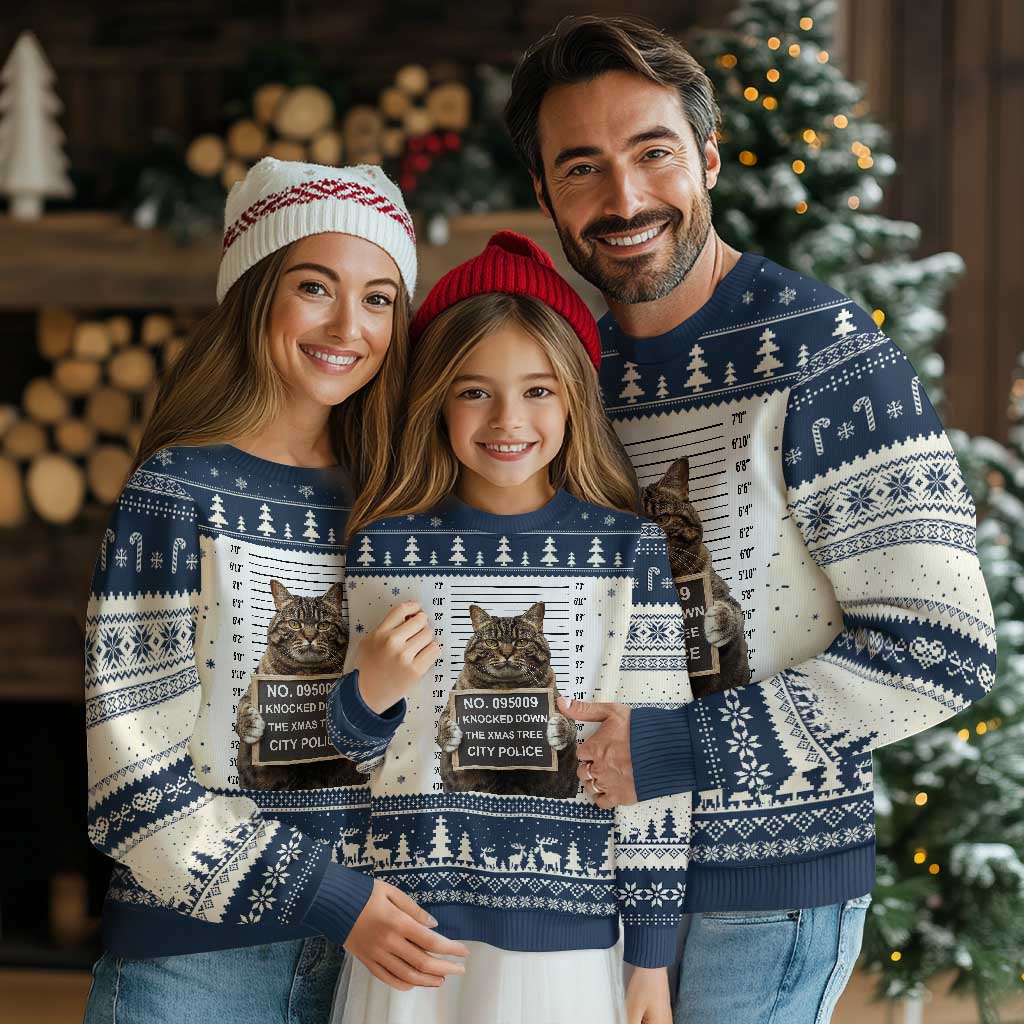 Funny Cat Ugly Christmas Sweater Mugshot I Knocked Down The Xmas Tree TS10 Navy Print Your Wear