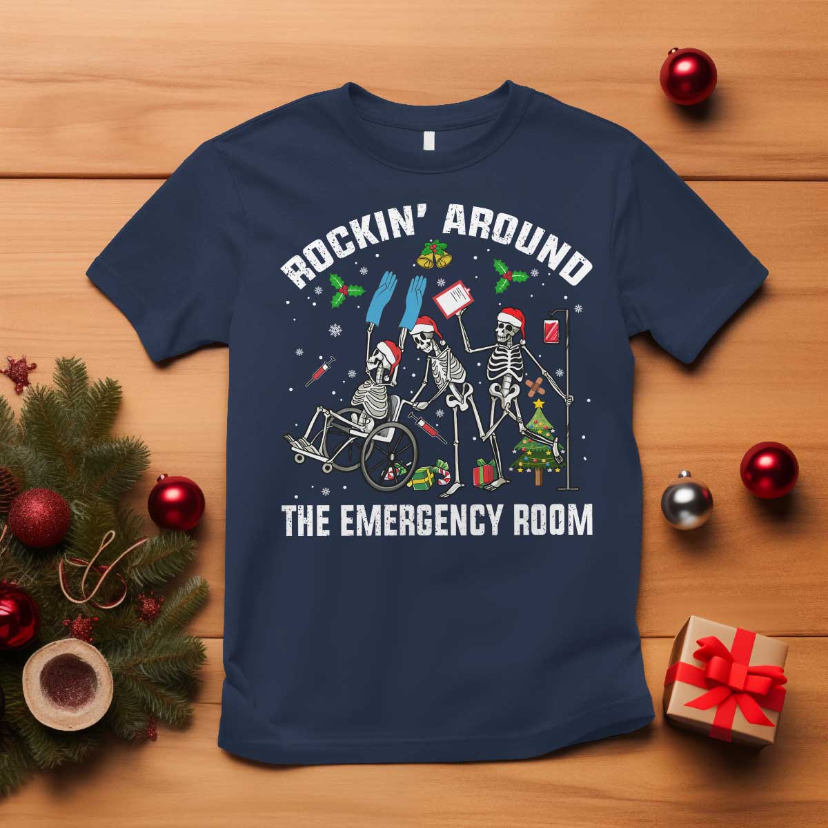 Christmas ER Nurse T Shirt Rockin Around Skeleton Emergency Room RN TS10 Navy Print Your Wear