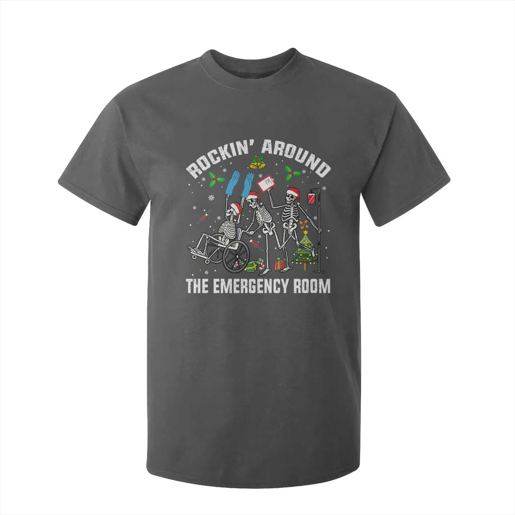 Christmas ER Nurse T Shirt For Kid Rockin Around Skeleton Emergency Room RN TS10 Dark Heather Print Your Wear