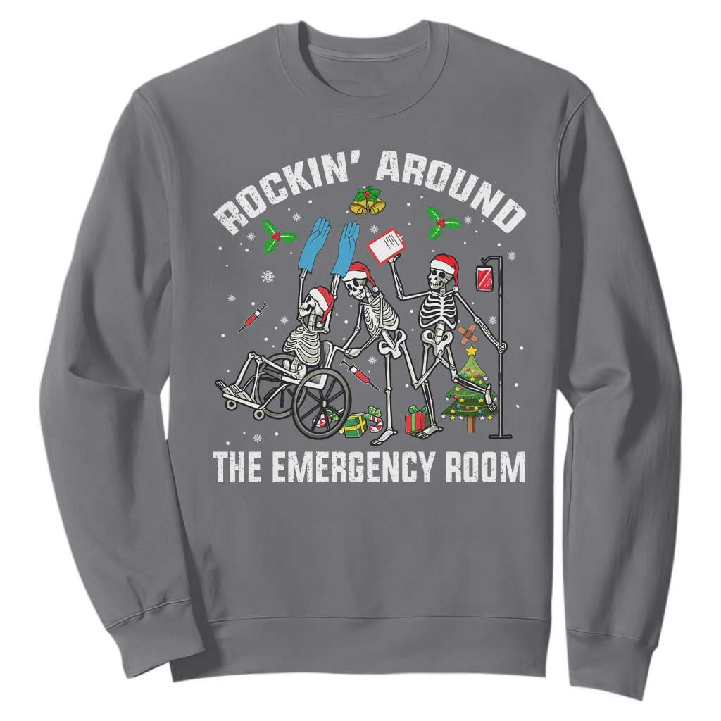 Christmas ER Nurse Sweatshirt Rockin Around Skeleton Emergency Room RN TS10 Charcoal Print Your Wear