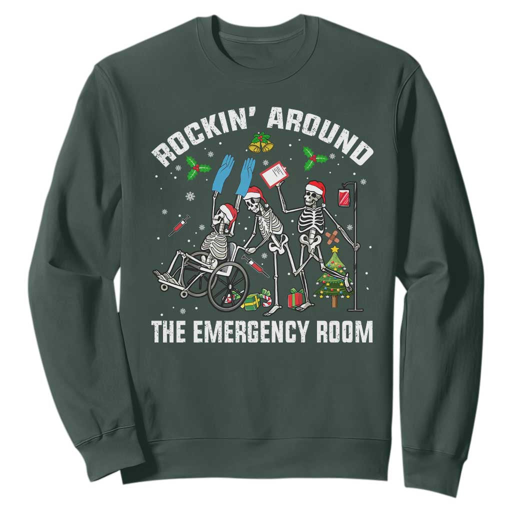 Christmas ER Nurse Sweatshirt Rockin Around Skeleton Emergency Room RN TS10 Dark Forest Green Print Your Wear