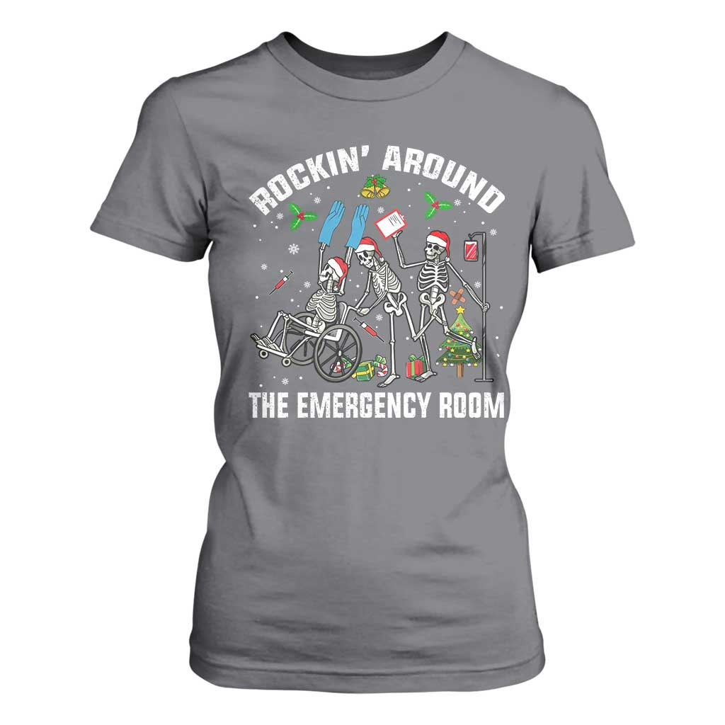 Christmas ER Nurse T Shirt For Women Rockin Around Skeleton Emergency Room RN TS10 Charcoal Print Your Wear