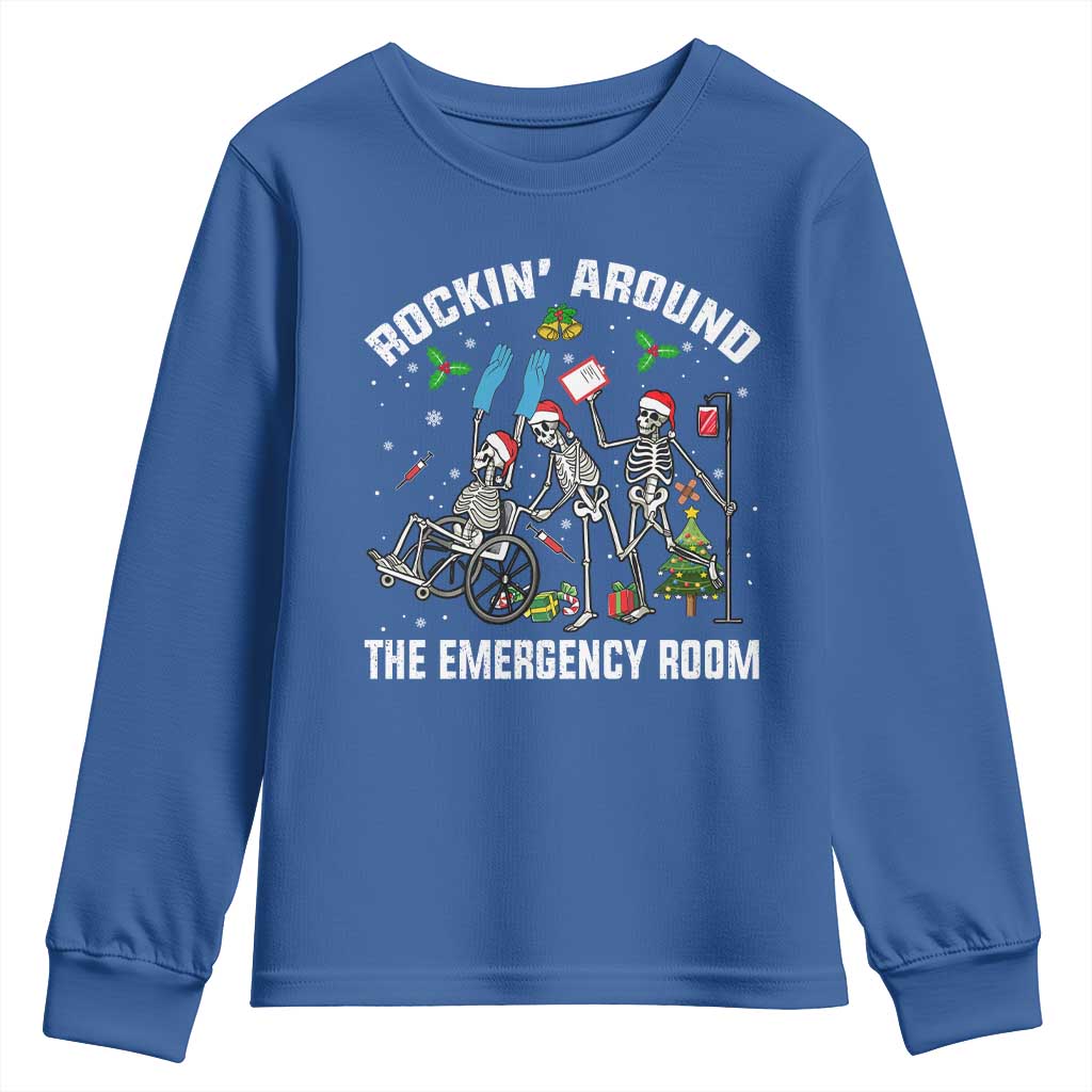 Christmas ER Nurse Youth Sweatshirt Rockin Around Skeleton Emergency Room RN TS10 Royal Blue Print Your Wear