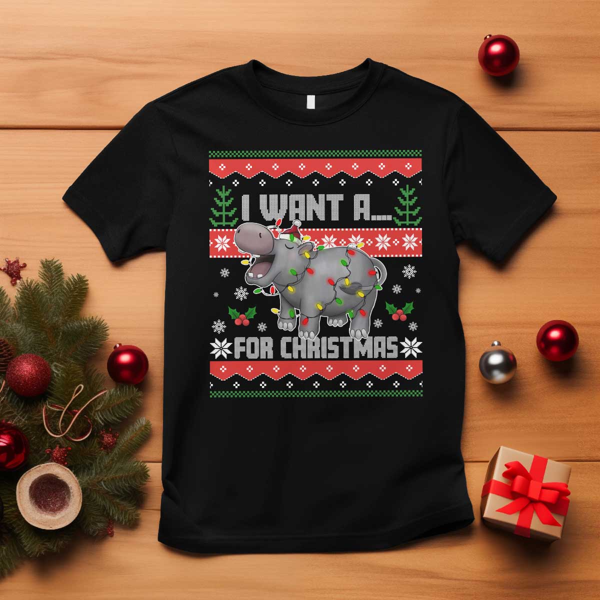 Funny Christmas T Shirt I Want A Hippopotamus For Xmas Moo Deng Ugly Gift TS10 Black Print Your Wear