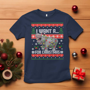 Funny Christmas T Shirt I Want A Hippopotamus For Xmas Moo Deng Ugly Gift TS10 Navy Print Your Wear