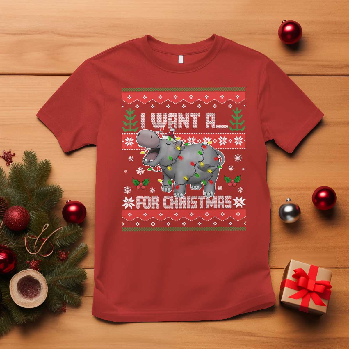 Funny Christmas T Shirt I Want A Hippopotamus For Xmas Moo Deng Ugly Gift TS10 Red Print Your Wear