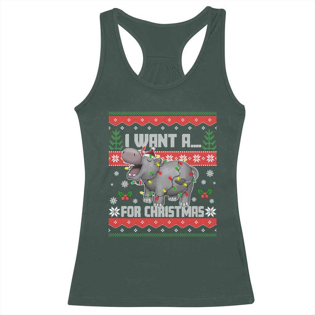 Funny Christmas Racerback Tank Top I Want A Hippopotamus For Xmas Moo Deng Ugly Gift TS10 Dark Forest Green Print Your Wear