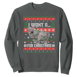 Funny Christmas Sweatshirt I Want A Hippopotamus For Xmas Moo Deng Ugly Gift TS10 Dark Heather Print Your Wear