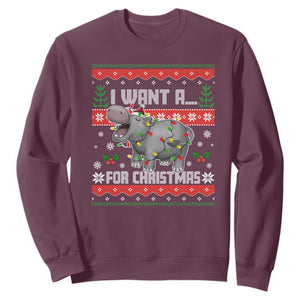 Funny Christmas Sweatshirt I Want A Hippopotamus For Xmas Moo Deng Ugly Gift TS10 Maroon Print Your Wear