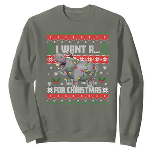 Funny Christmas Sweatshirt I Want A Hippopotamus For Xmas Moo Deng Ugly Gift TS10 Military Green Print Your Wear
